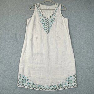 J Jill Love Linen Shift Dress Size M White Sleeveless Embroidered Lined V-Neck